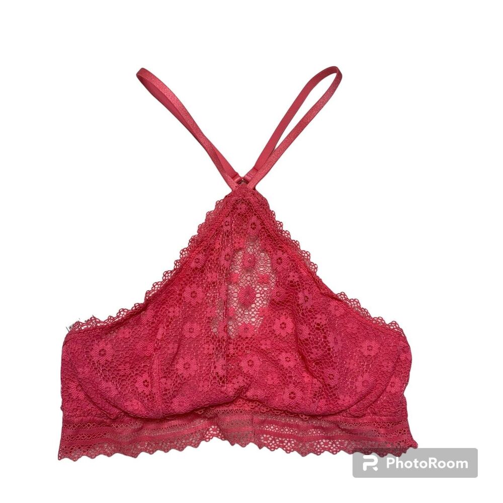 Victoria’s Secret Bralette Pink Lace Sz S Floral Very High Neck Sexy Underwire